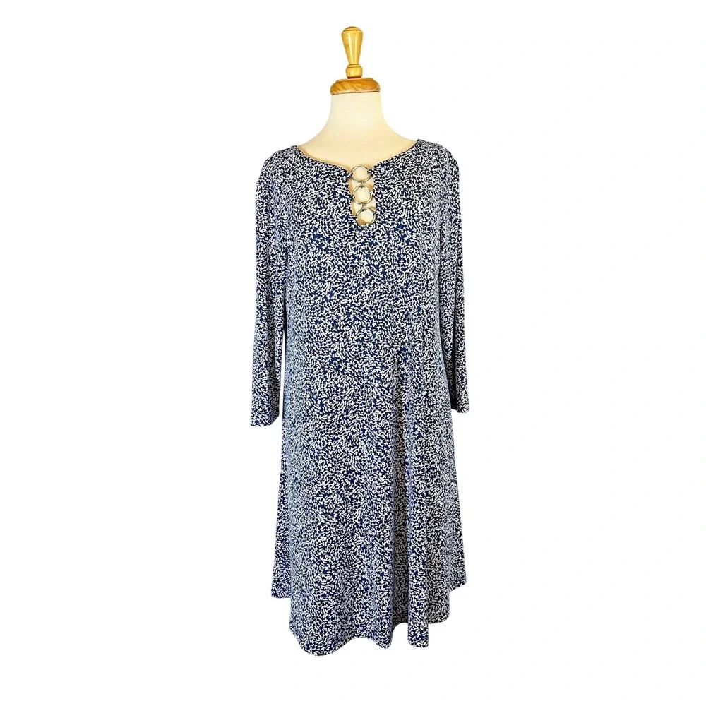 MSK Swing‎ Dress Navy White Print 3 Ring Detail Long Sleeve XL